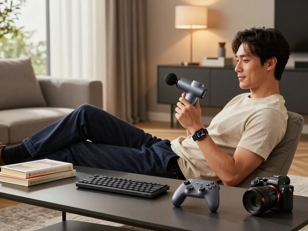 Man enjoying best tech gadgets for men like a gaming controller and smartwatch in modern living room.