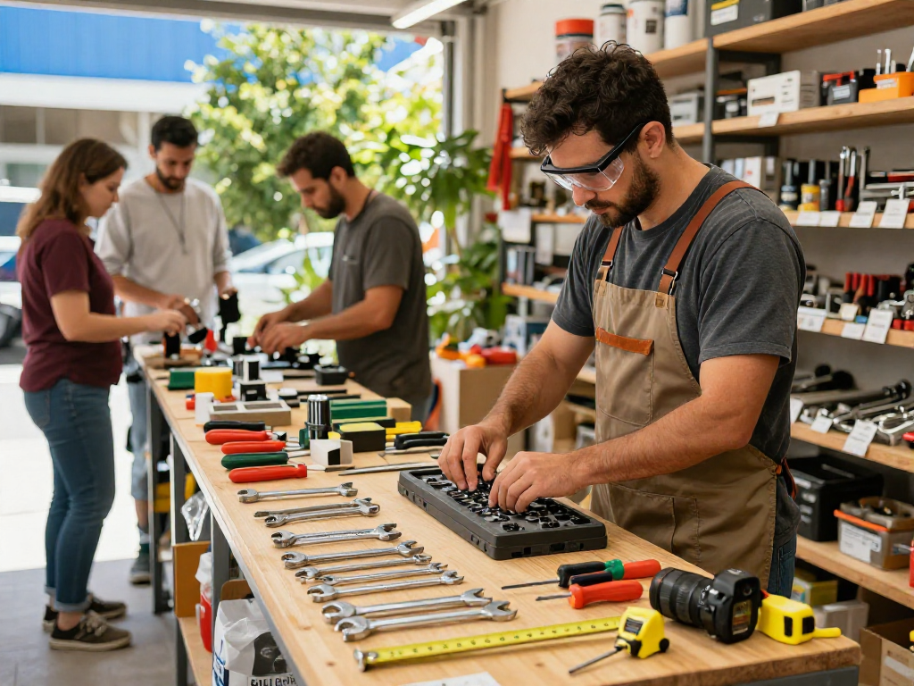 Conjunto de 10010 juegos en una tienda de herramientas al aire libre, mostrando productos de calidad.