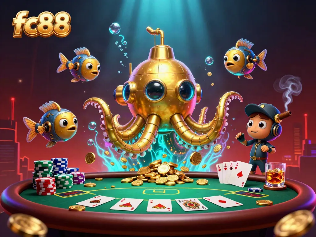 Engage in thrilling games at FC88, where the golden kraken submarine surfaces amidst poker excitement!