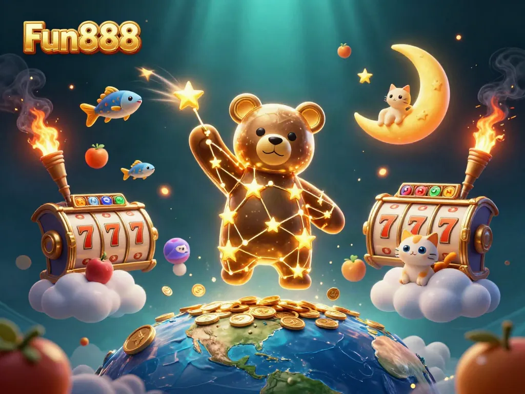 Win big with Fun888 in this colorful 3D casino illustration featuring stars and games.