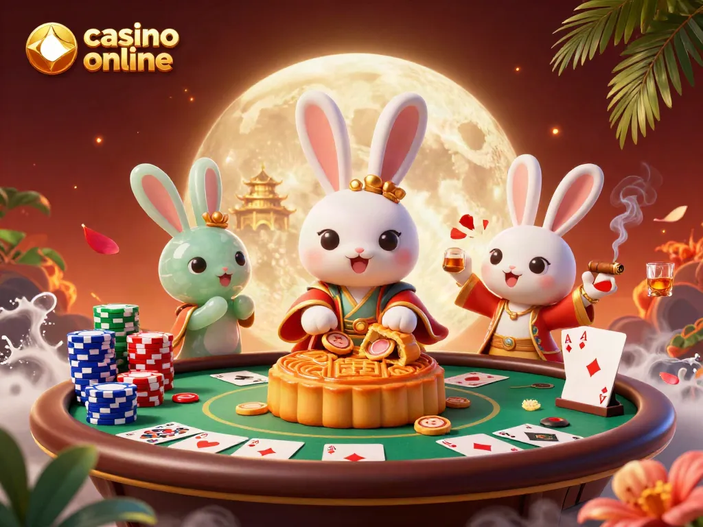 Disfruta de juegos en un casino online mientras un conejo lunar juega en la superficie lunar.