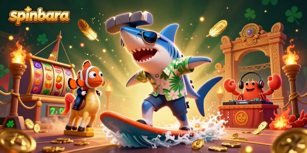 Spinbara comes alive with a vibrant shark surfing on coins, lively characters, and colorful slot reels.