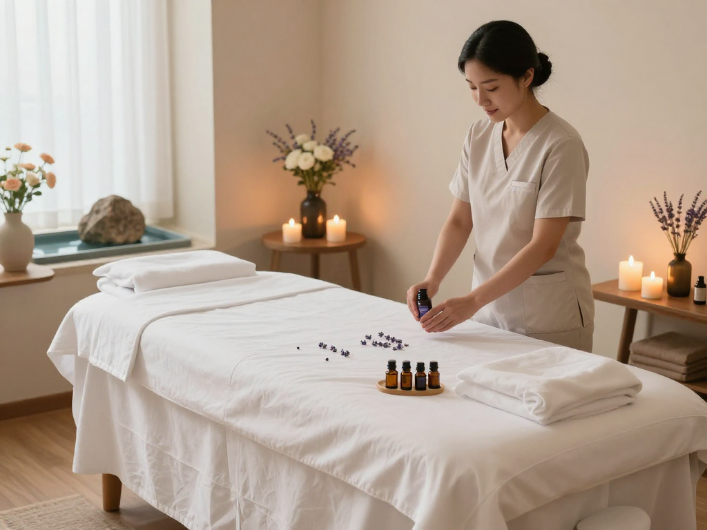 Relaxing 인천출장마사지 therapy room with calming decor and essential oils for a rejuvenating experience.