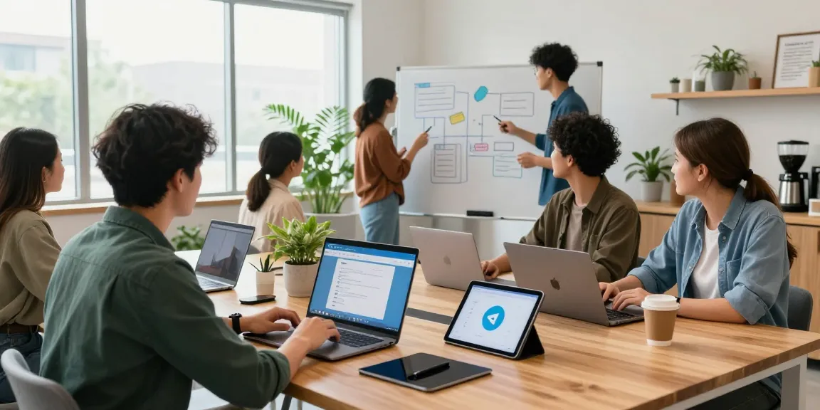Engaging group collaboration on Telegram网页版 in a modern tech workspace.