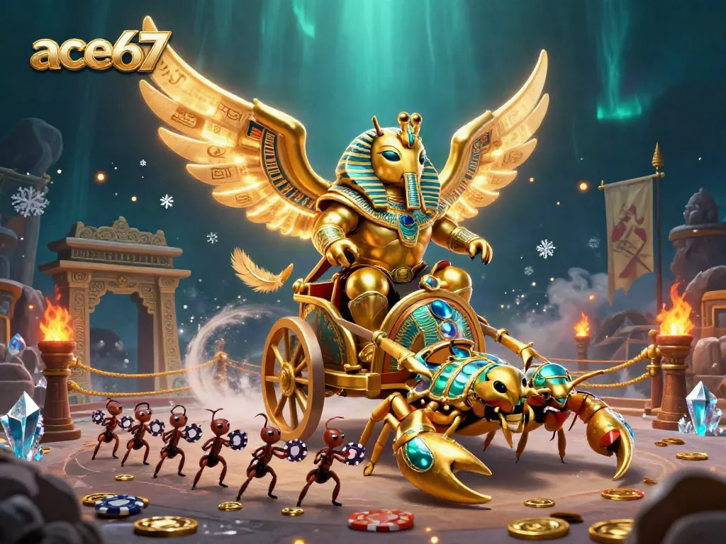 Experience the dynamic gaming world of ace67 with a lively chariot scene featuring a golden scarab and poker chips.