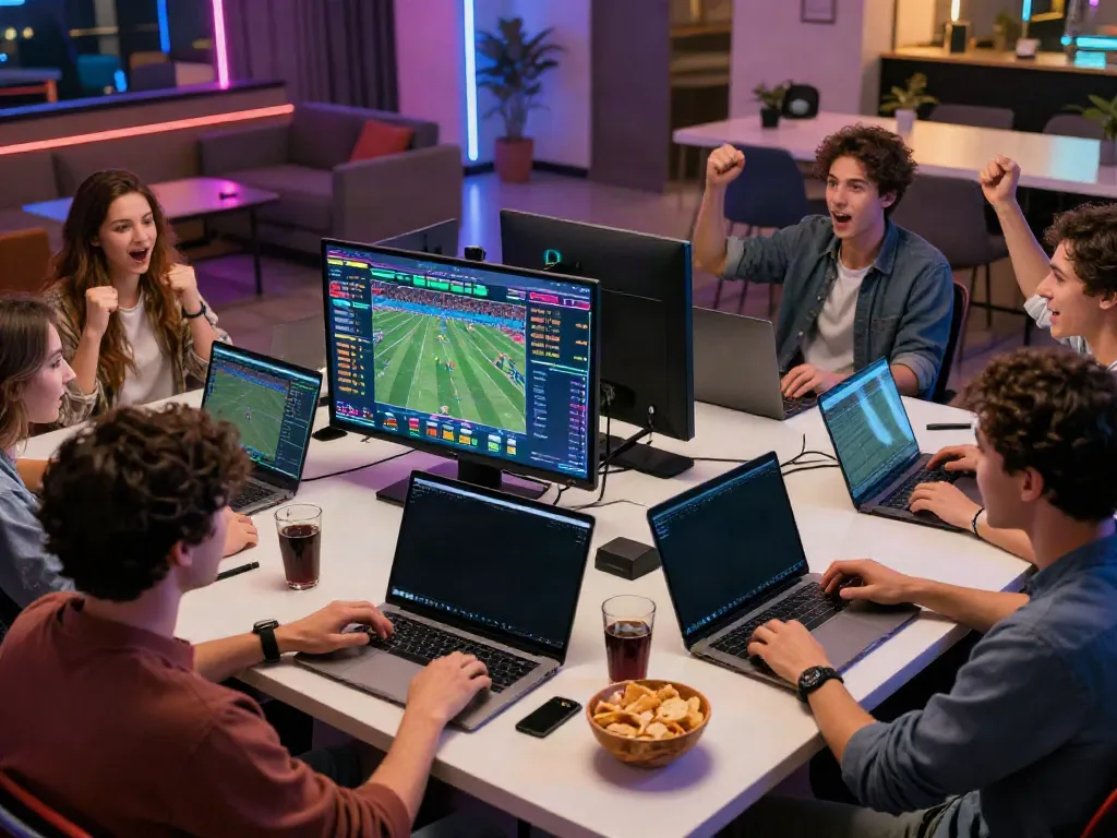 Vibrant gaming scene at https://man88.hair/ showing friends engaged in online sports betting.