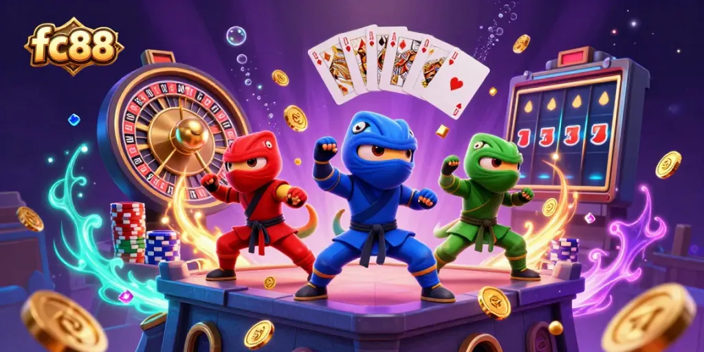 Experience thrilling gameplay with fc88 as ninja chameleons show off their skills amidst cascading coins and vibrant casino elements.