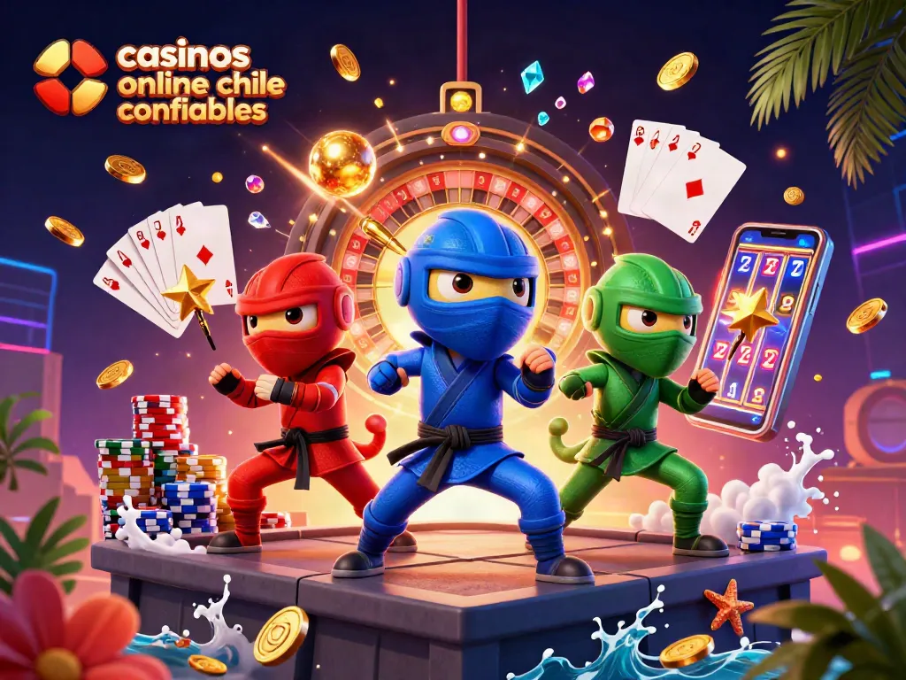 Una escena vibrante de casinos online chile confiables con personajes en acción y elementos de juego.