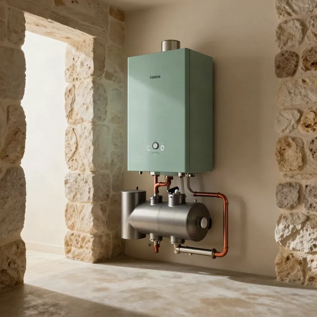 Sala de calderas de biomasa terminada en una casa de Aranda, con tuberías ordenadas y calor estable.