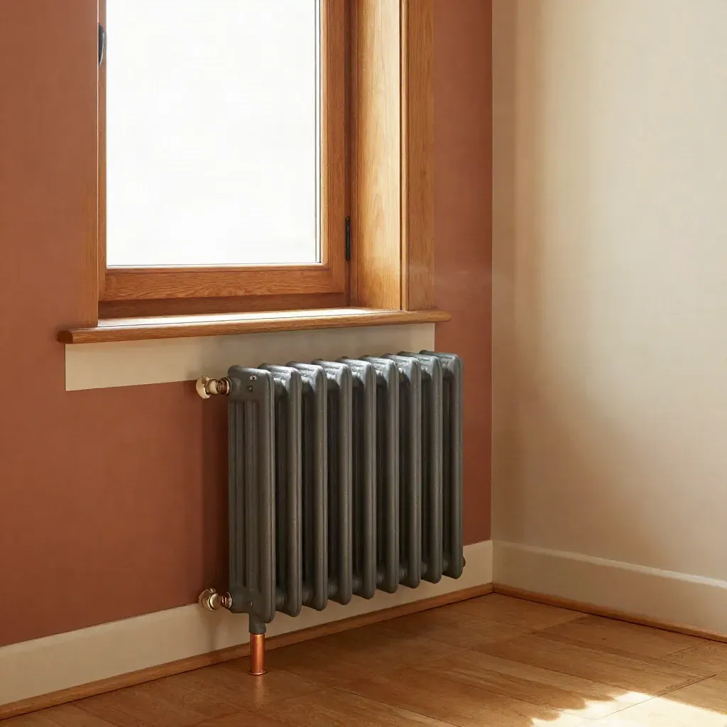 Ventana sellada y radiador optimizado en un salón reformado, con luz cálida.