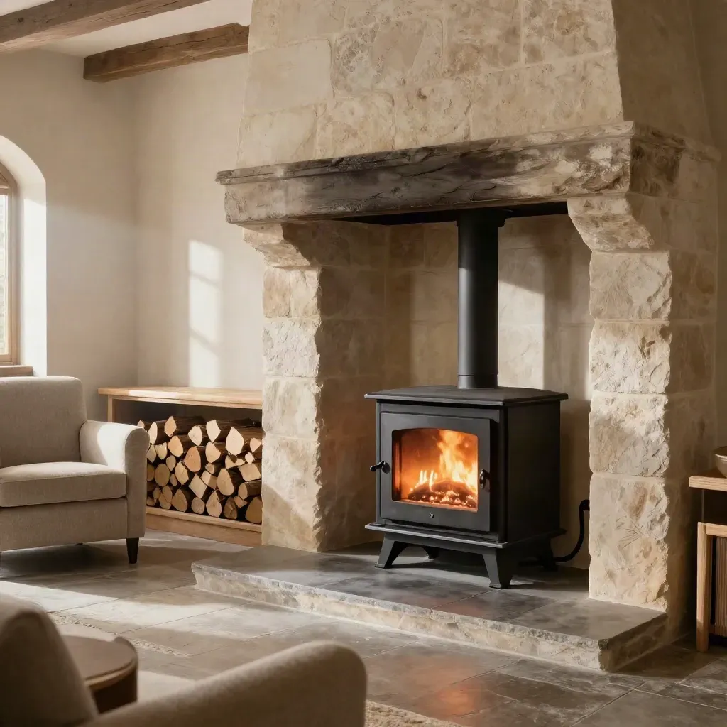 Estufa de pellet encendida en hotel rural de piedra, con leña y butaca neutra, ambiente cálido.