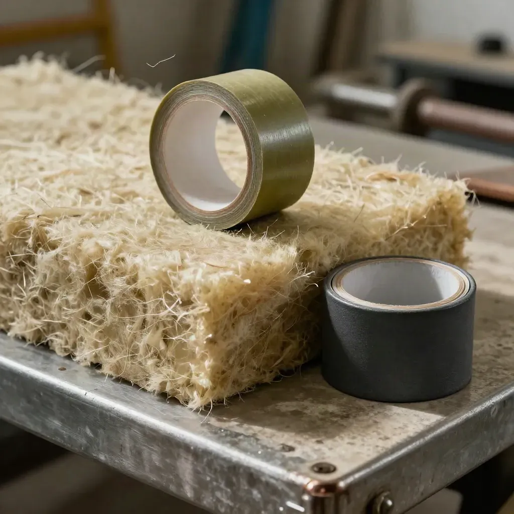Detalle de lana mineral, espuma aislante, cinta y remate de conducto en mesa técnica.