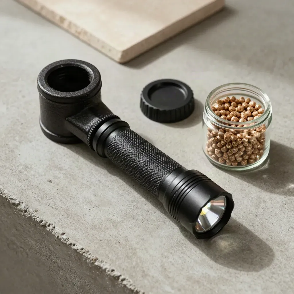 Kit de visita técnica con linterna, adaptador de chimenea, tapón y tarro de pellets sobre piedra.