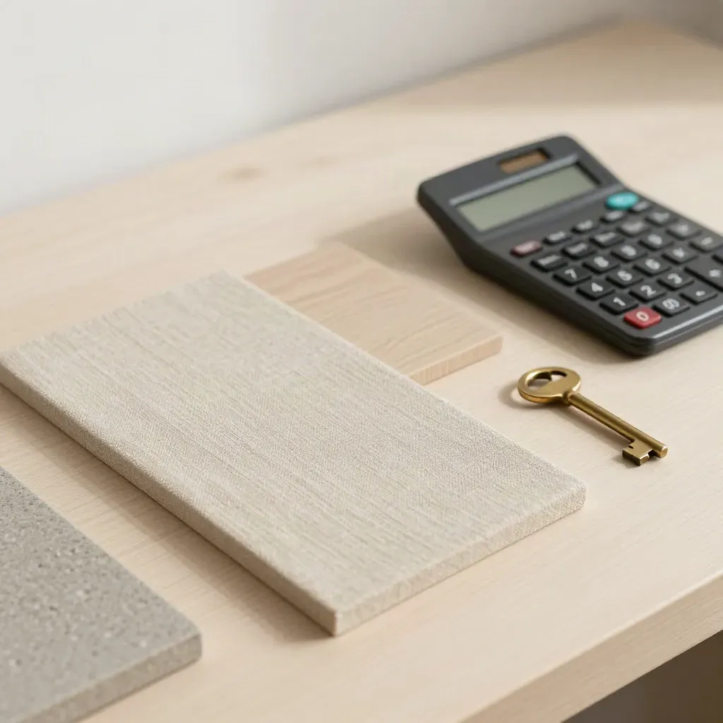 Muestras de materiales, llave de latón y calculadora apagada sobre madera clara.