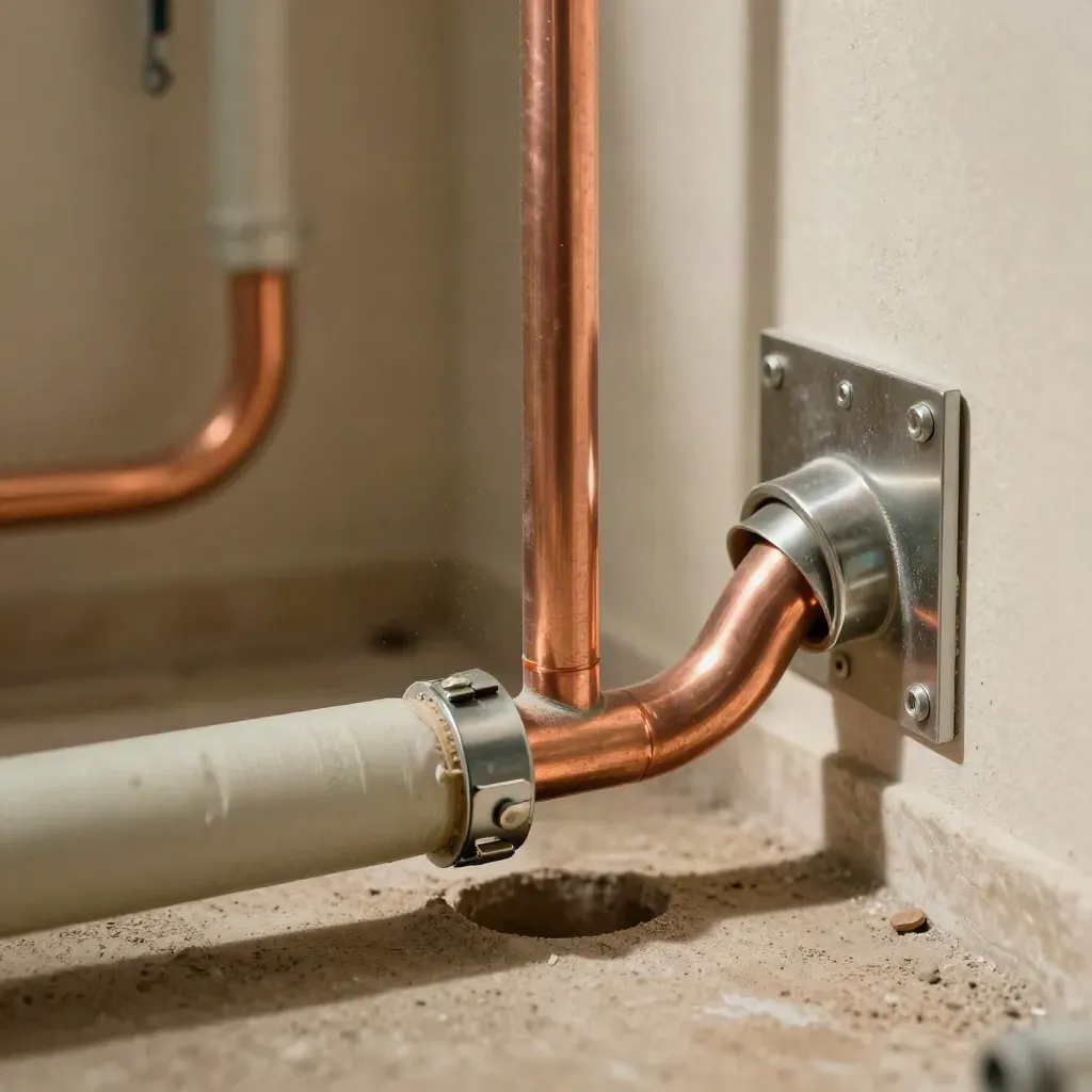 Tubo de cobre e inox instalado sobre suelo técnico, con abrazaderas y funda aislante.