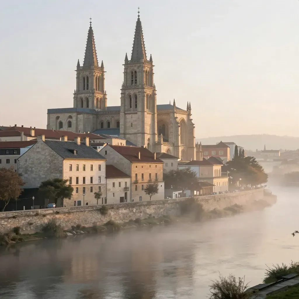 La catedral de Burgos al amanecer sobre tejados de piedra y niebla junto al río.
