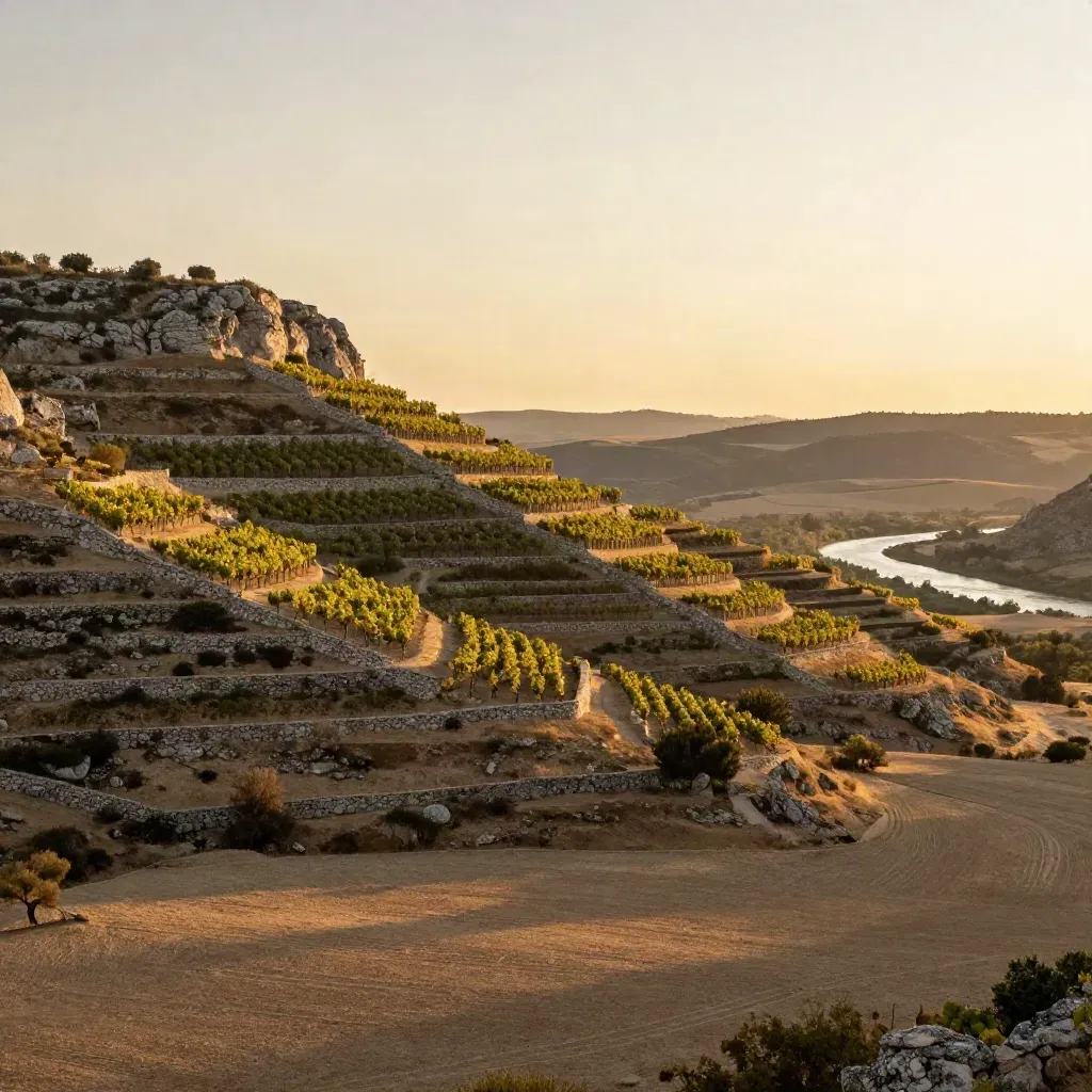 Viñedos en terrazas de la Ribera del Duero al atardecer, con lomas de piedra y río lejano.