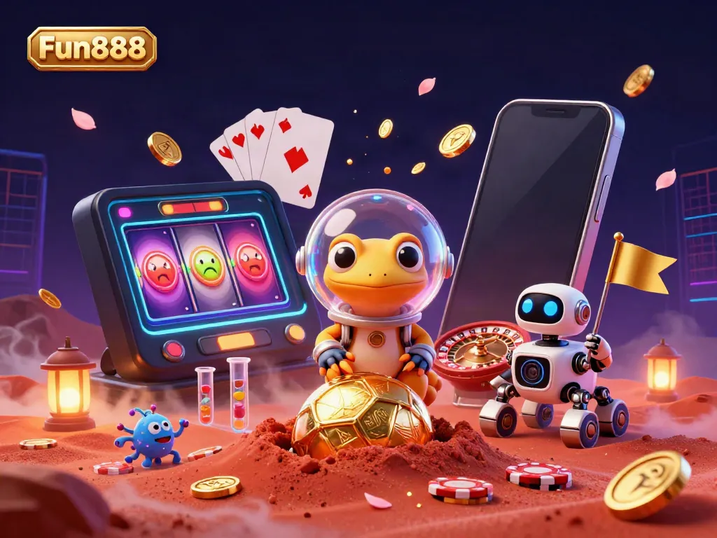Experience Fun888's thrilling casino adventure with a cartoon Martian gecko discovering treasures amid animated gaming elements.