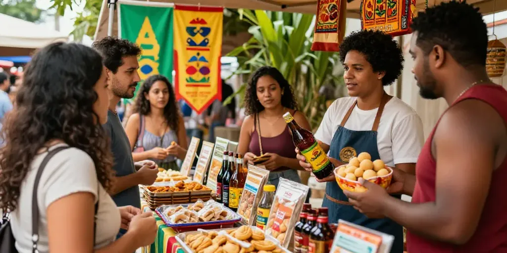 Compradores explorando productos brasileños, incluyendo guaraná y pão de queijo, en un mercado vibrante.
