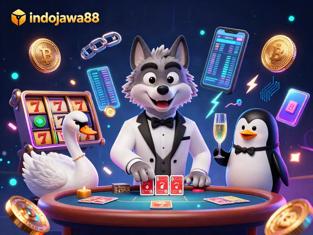 Gambaran indojawa88 merayakan kemenangan di meja baccarat dengan karakter ilustrasi 3D