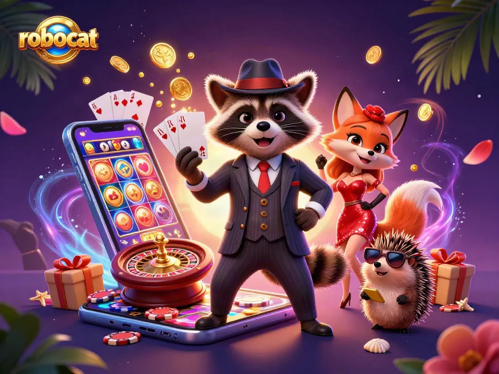 Join the robocat at the casino with vibrant games, cards, and fun-filled elements to enhance your win!