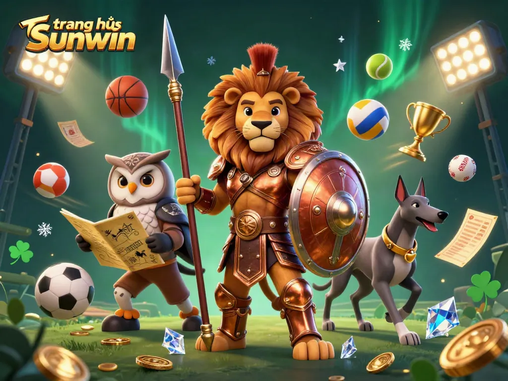 Experience the excitement of trang chủ sunwin with a 3D cartoon lion in armor, sporting elements flying around.