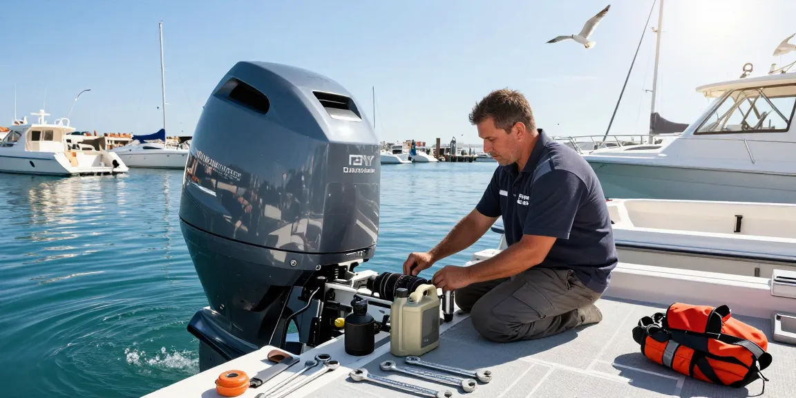 Servicio motor fueraborda en revisión en un puerto, mecánico inspeccionando motor fuera de borda.