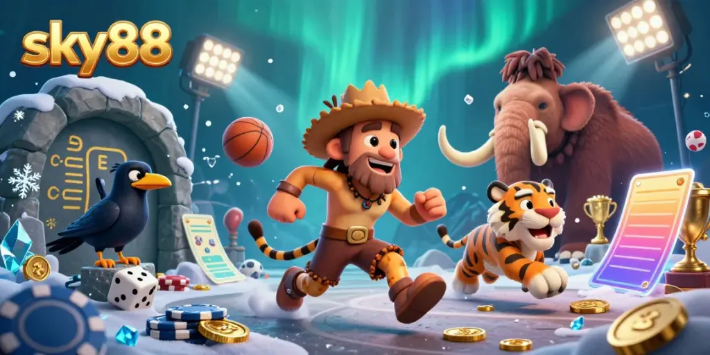 Engage in thrilling casino action with sky88's vibrant and dynamic prehistoric illustration, featuring caveman characters and lively gaming elements.