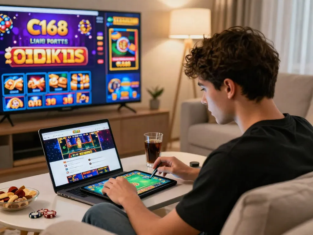 Engaging home gambling scene with a user enjoying games on https://c168slot2.com/ in a cozy atmosphere.