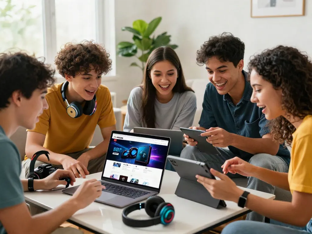 Friends joyfully exploring the F168 com website for gaming gear in a modern living room.