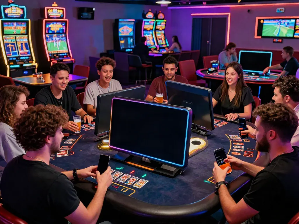 Exciting group enjoying ku88 gaming experience in vibrant lounge.