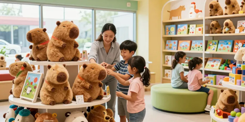Comprando en Juguetes Ya, una tienda llena de peluches y juguetes educativos.