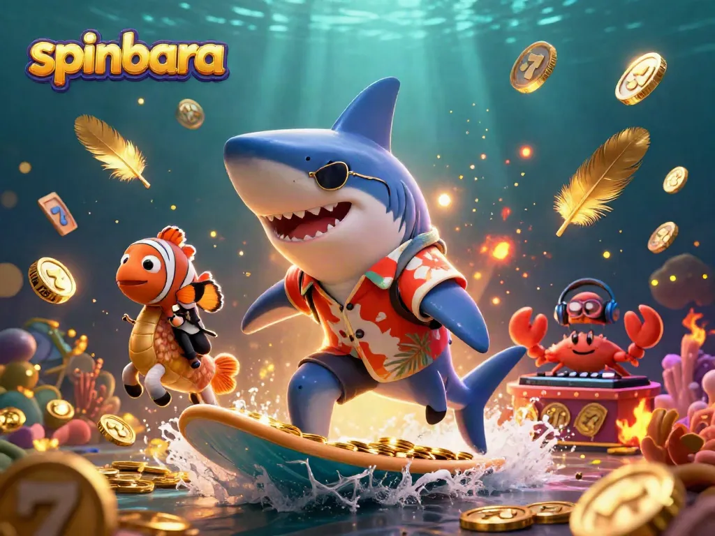 Spinbara brings vibrant casino excitement with a shark, clownfish, and crab enjoying gold coins and slot reels.