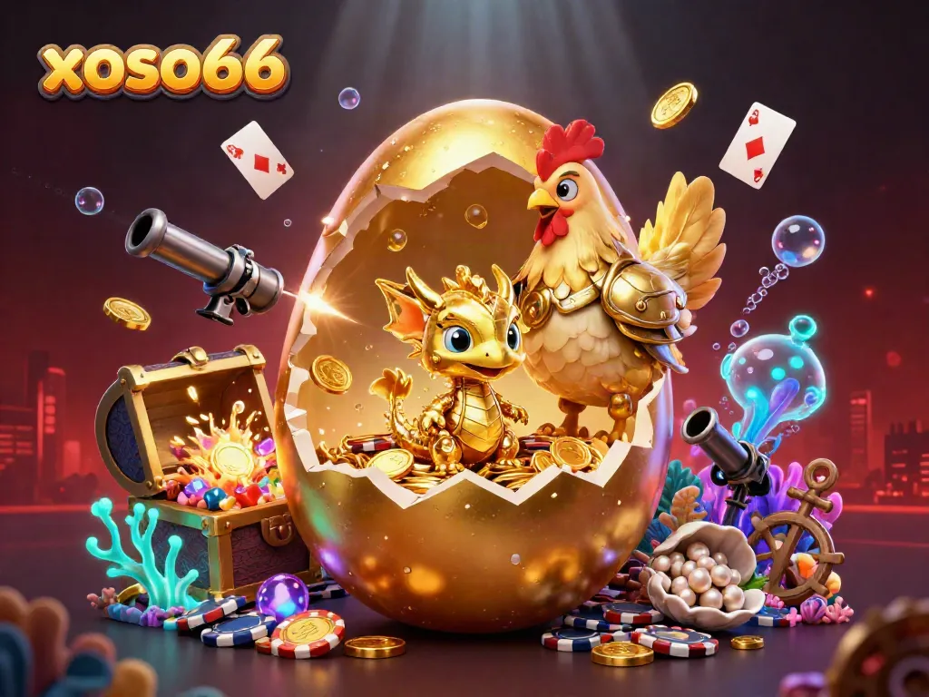 Xoso66 offers an exciting gaming experience with a golden baby dragon, poker chips, and underwater treasures.