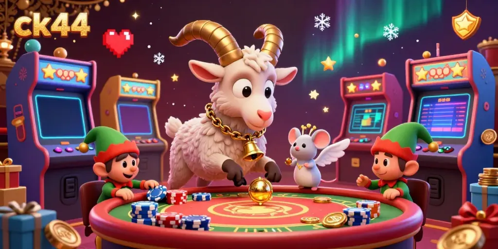 Experience thrilling gameplay at ck44 with a festive Krampus running a casino amidst snow and gaming elements.