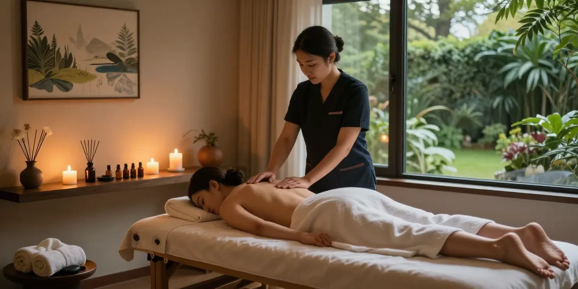 Experiencing a relaxing 일산출장마사지 in a tranquil spa environment with soothing aromas and peaceful lighting.
