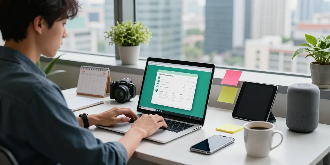 Professional workspace with WhatsApp電腦版 app on a laptop screen, showcasing productivity and modern connectivity.