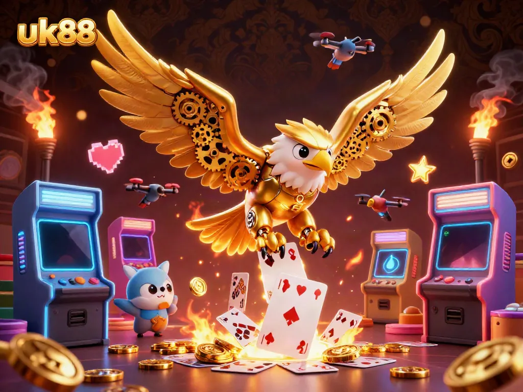 Experience thrilling action at uk88 with a cybernetic eagle amidst dynamic casino elements.
