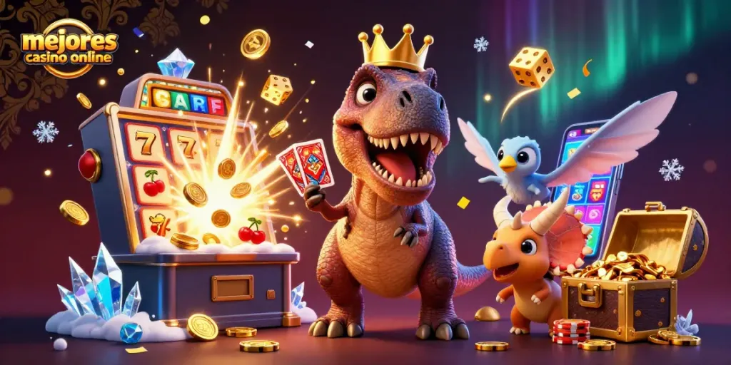 Ilustración de los mejores casinos online con un T-Rex jugando cartas y un triceratops apilando fichas de oro.