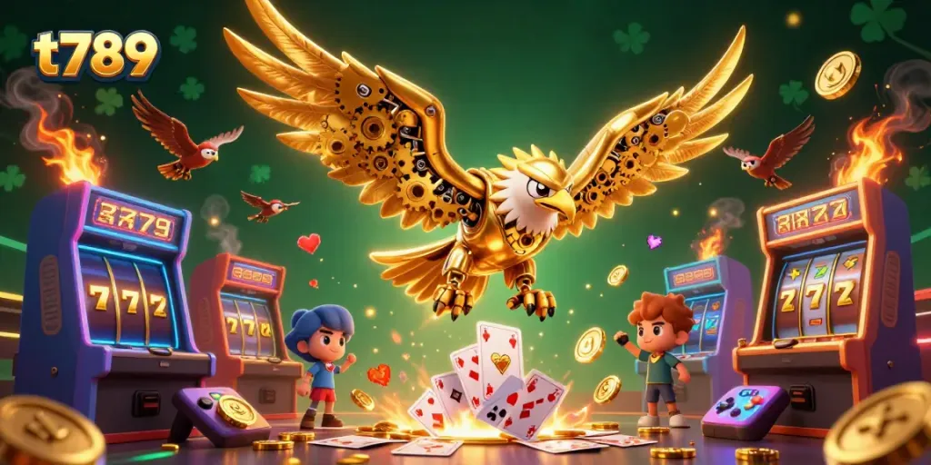 Experience thrilling gameplay with t789 as a cybernetic golden eagle dives through holographic cards in a vibrant casino scene.