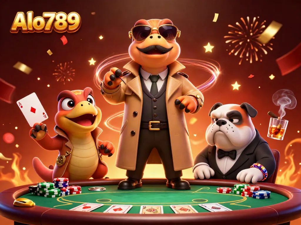 Three raptors in a trench coat, with a bulldog bouncer, enter a casino scene showcasing Alo789 gaming elements.