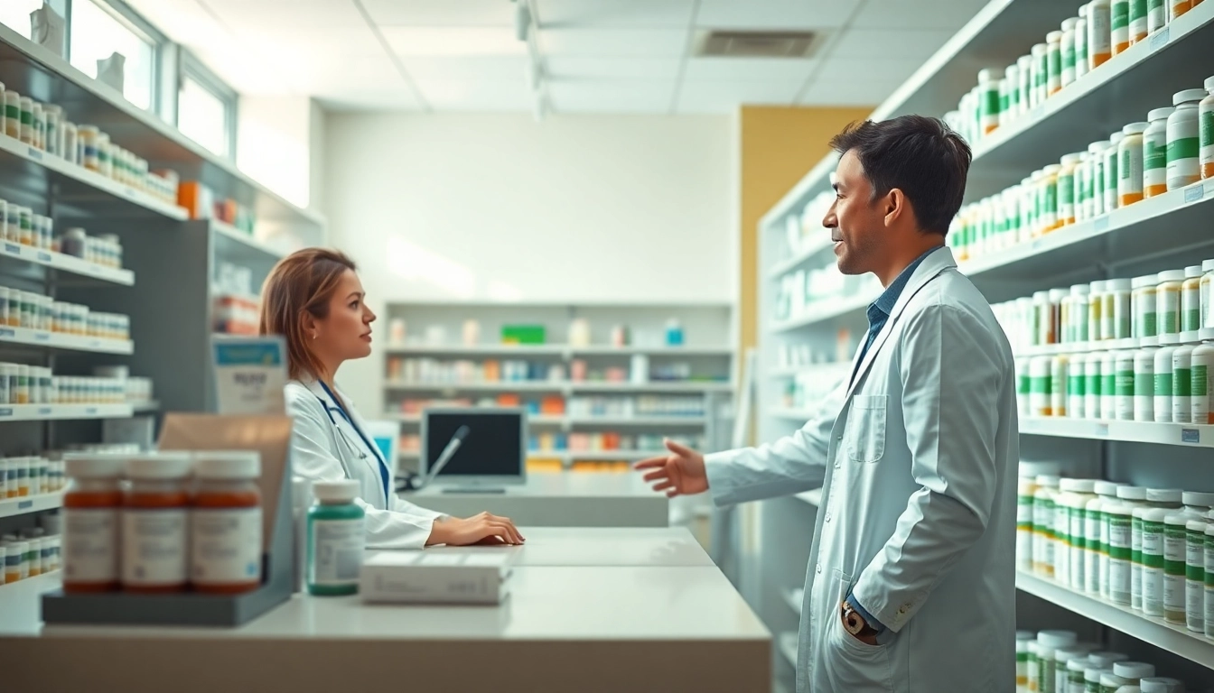 Comprar tramadol en una farmacia con un farmacéutico ayudando a un cliente.