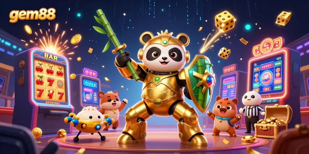 Experience thrilling gambling action at gem88 with a dynamic casino adventure illustration featuring a golden panda.