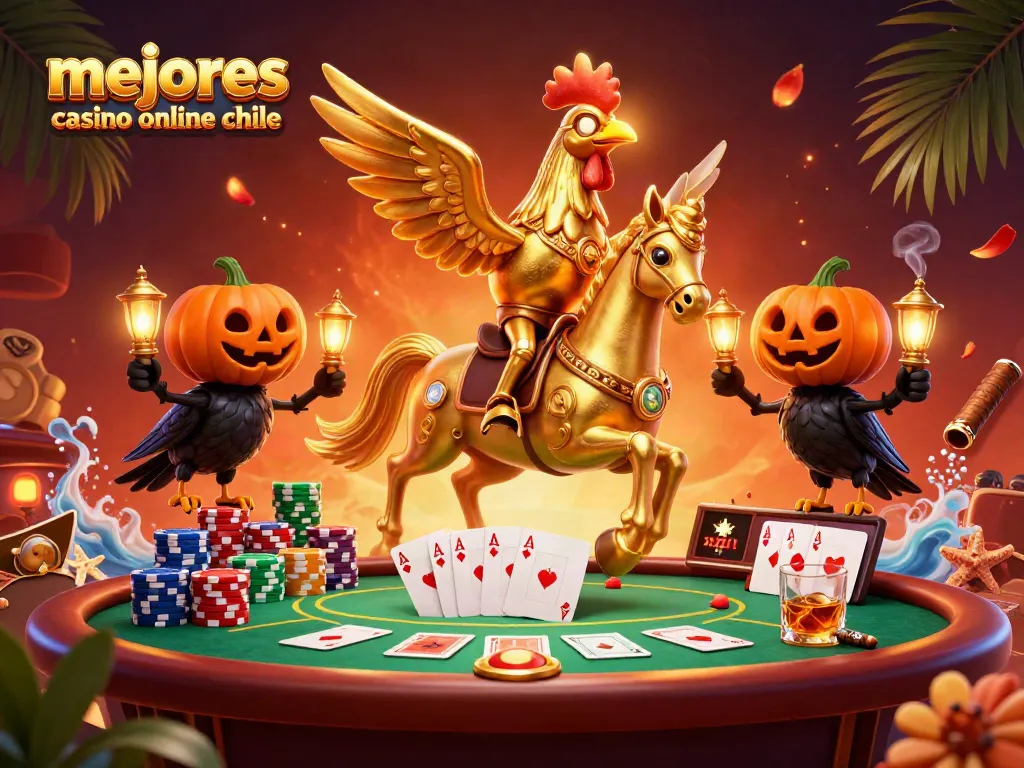 Los mejores casinos online en Chile muestran una vibrante escena de juego con personajes dinámicos y elementos de póker.