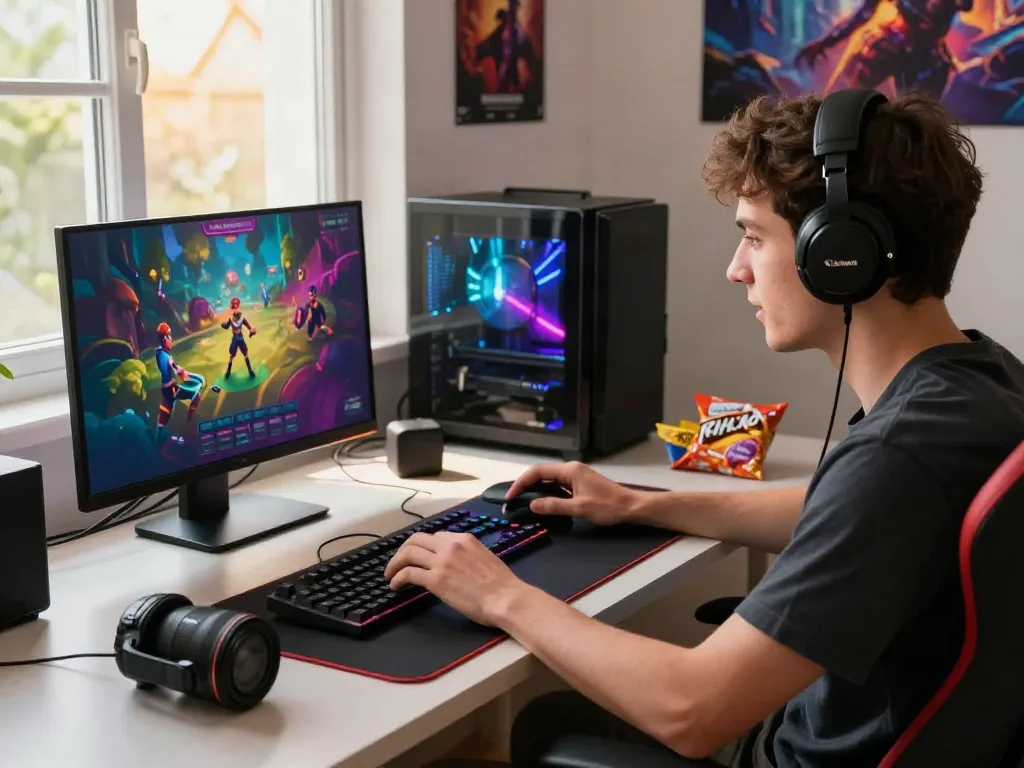 Nohuwin gaming scene with player enthusiastically engaging online in a vibrant setup