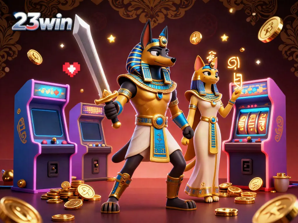 Experience thrilling gaming with 23win's vibrant 3D online casino scene featuring Anubis and Bastet.