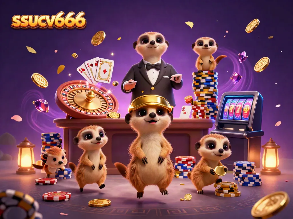 Experience the vibrant energy of the ssucv666 casino with meerkats in an extravagant gambling scene.