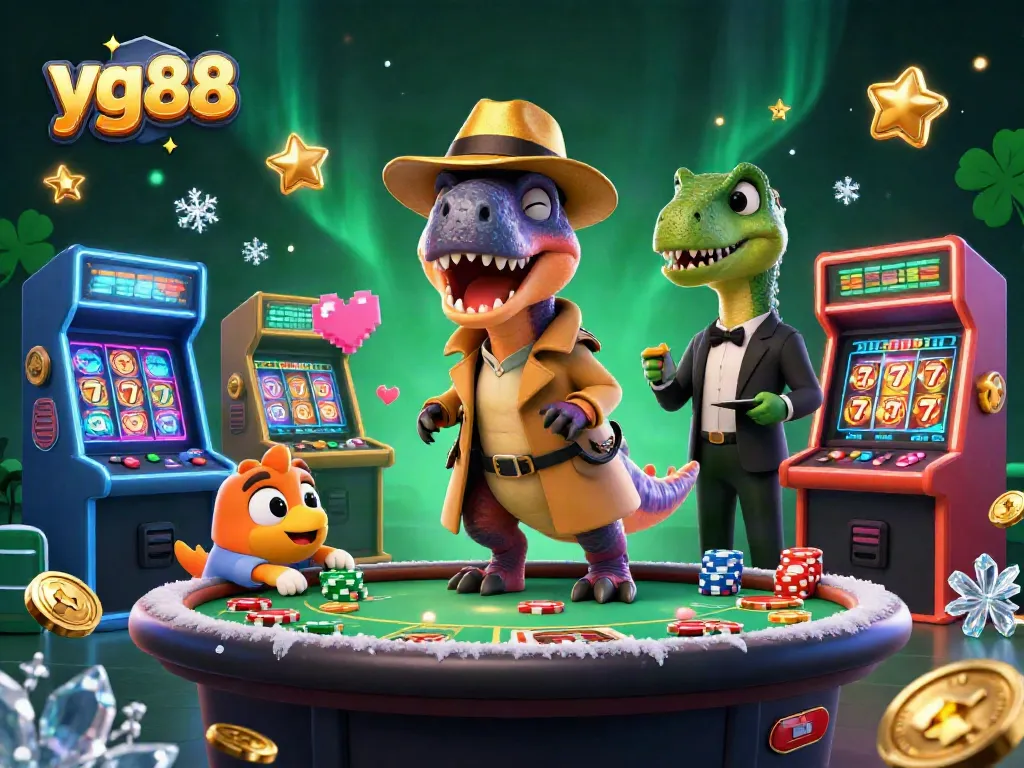 Experience thrilling gameplay at yg88, featuring a sly velociraptor card counter at a bustling casino table.
