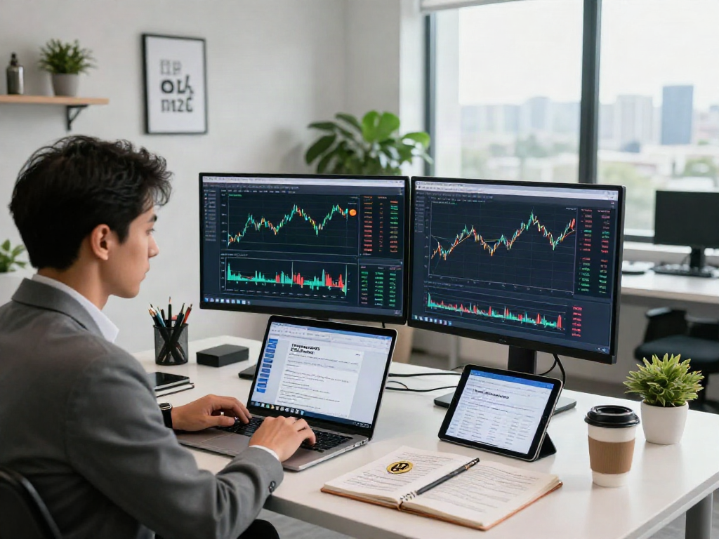 Un experto analiza cómo comprar bitcoin en su oficina moderna con gráficos y tendencias.