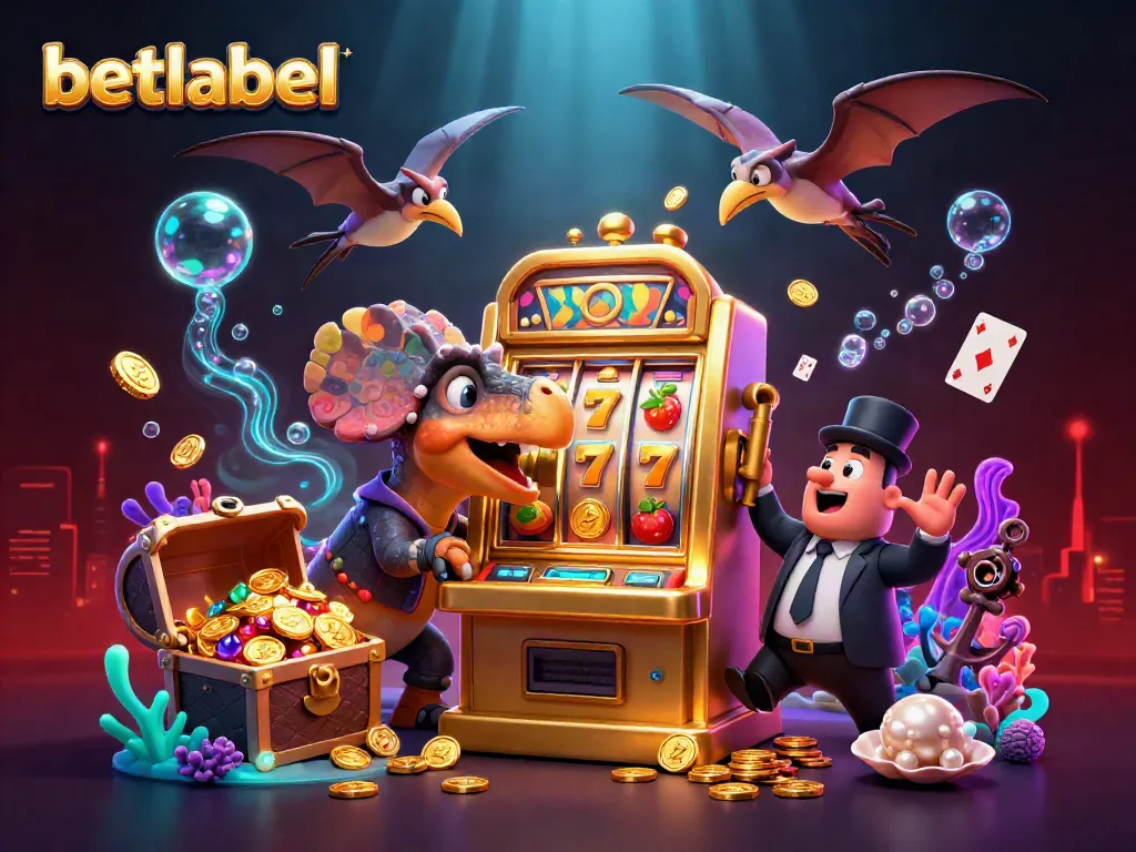 Betlabel showcases an exciting jackpot scene with animated dinosaurs, slot machines, and gold coins.